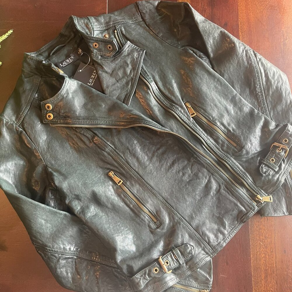 Lauren Ralph Lauren  Leather  Moto Jacket Dark Green Size 6 NWT
